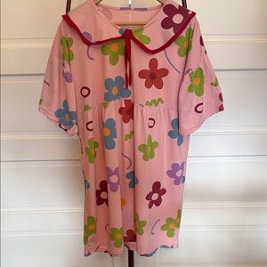Whimsical Floral Cotton Shirt Dress | Oversized Cottagecore Pocket sailor collar